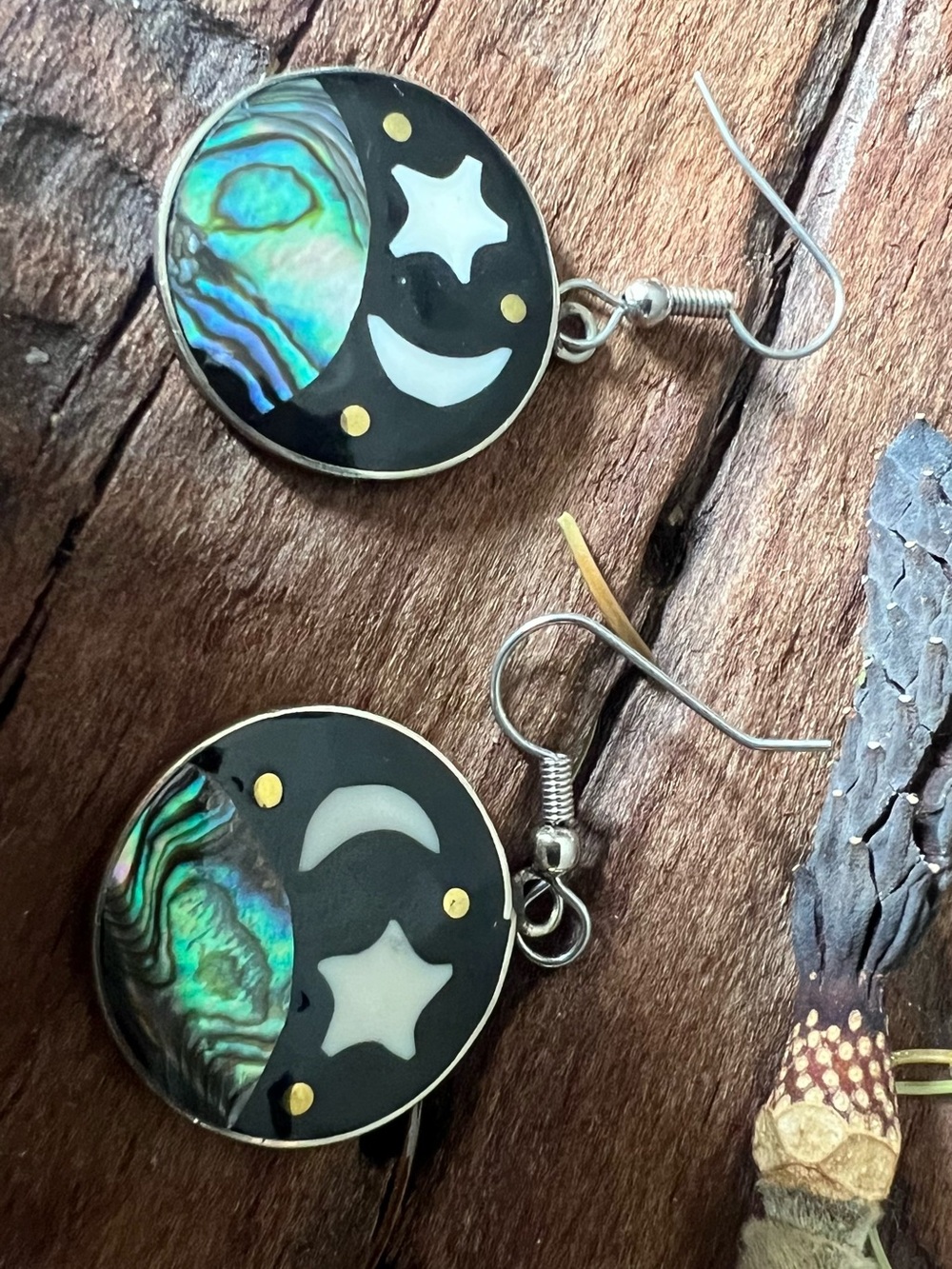 Mexico Alpaca Earrings Abalone MOP Moon Star Black Inlay Enamel Celestial Sky